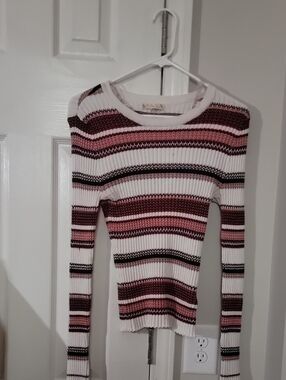 It's Our Time Ribbed Crewneck Sweater in White, Pink & Burgundy